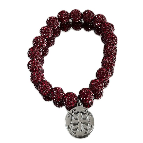 Rustic Cuff Metal Stainless Steel Shambala Beaded Stretch Bracelet cranberry - Picture 1 of 2